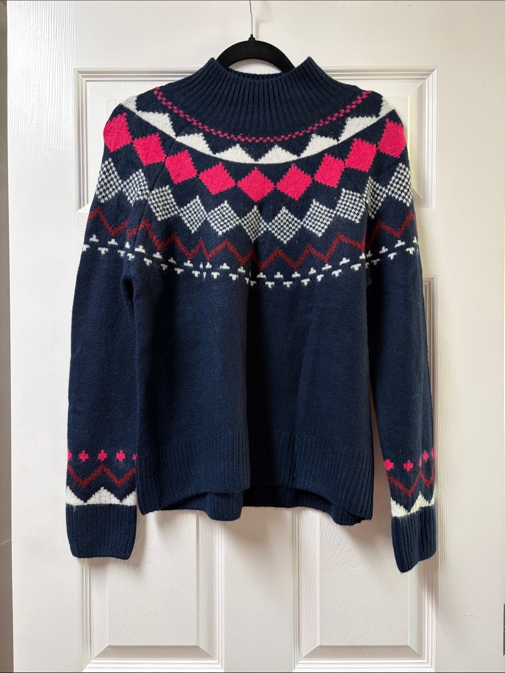 Vince Camuto Navy Fair Isle Mock Neck Sweater with Hot Pink & White